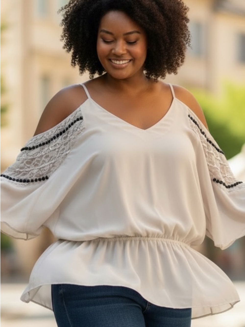 Arden B Cream Cold-Shoulder Lace Trim Blouse